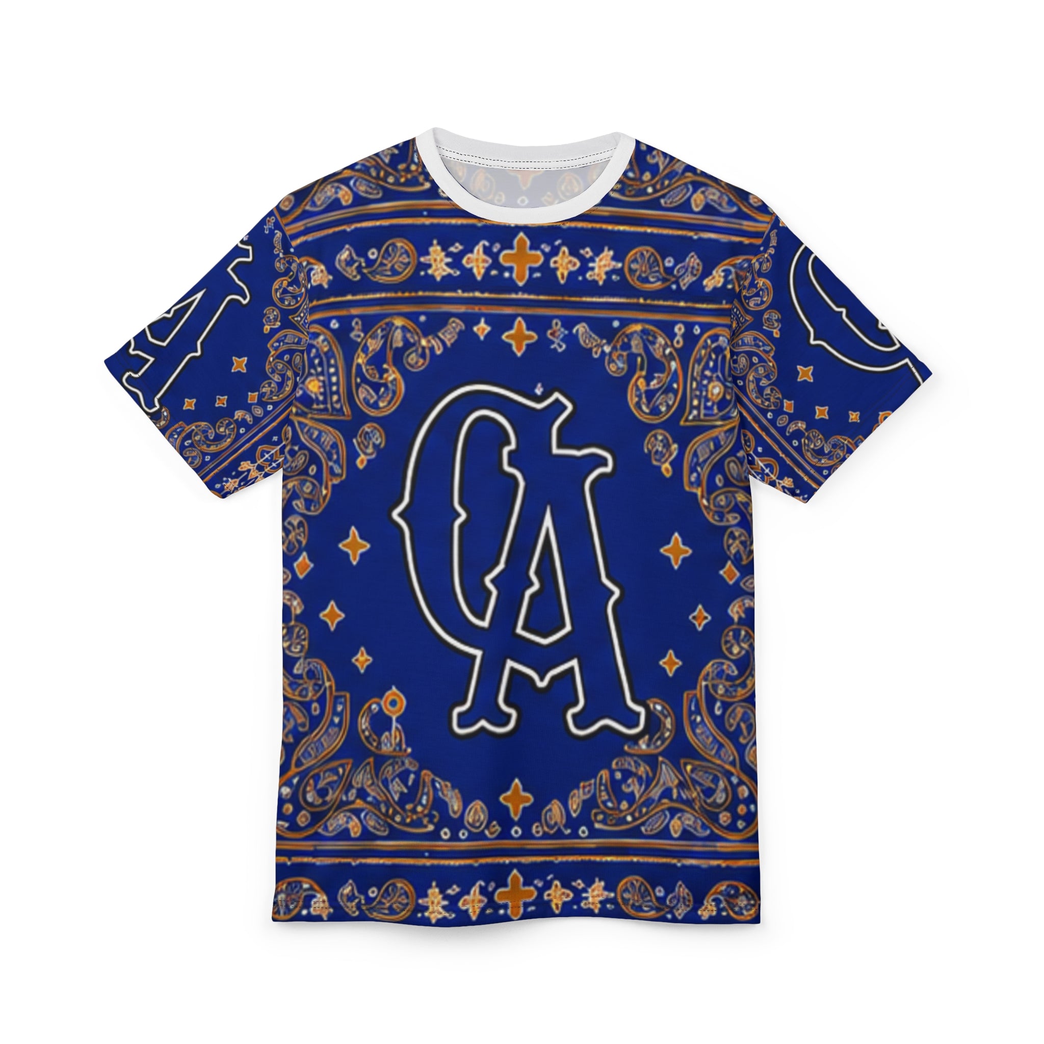 LA Bandana Print Tee — Blue Paisley All-Over Graphic Shirt