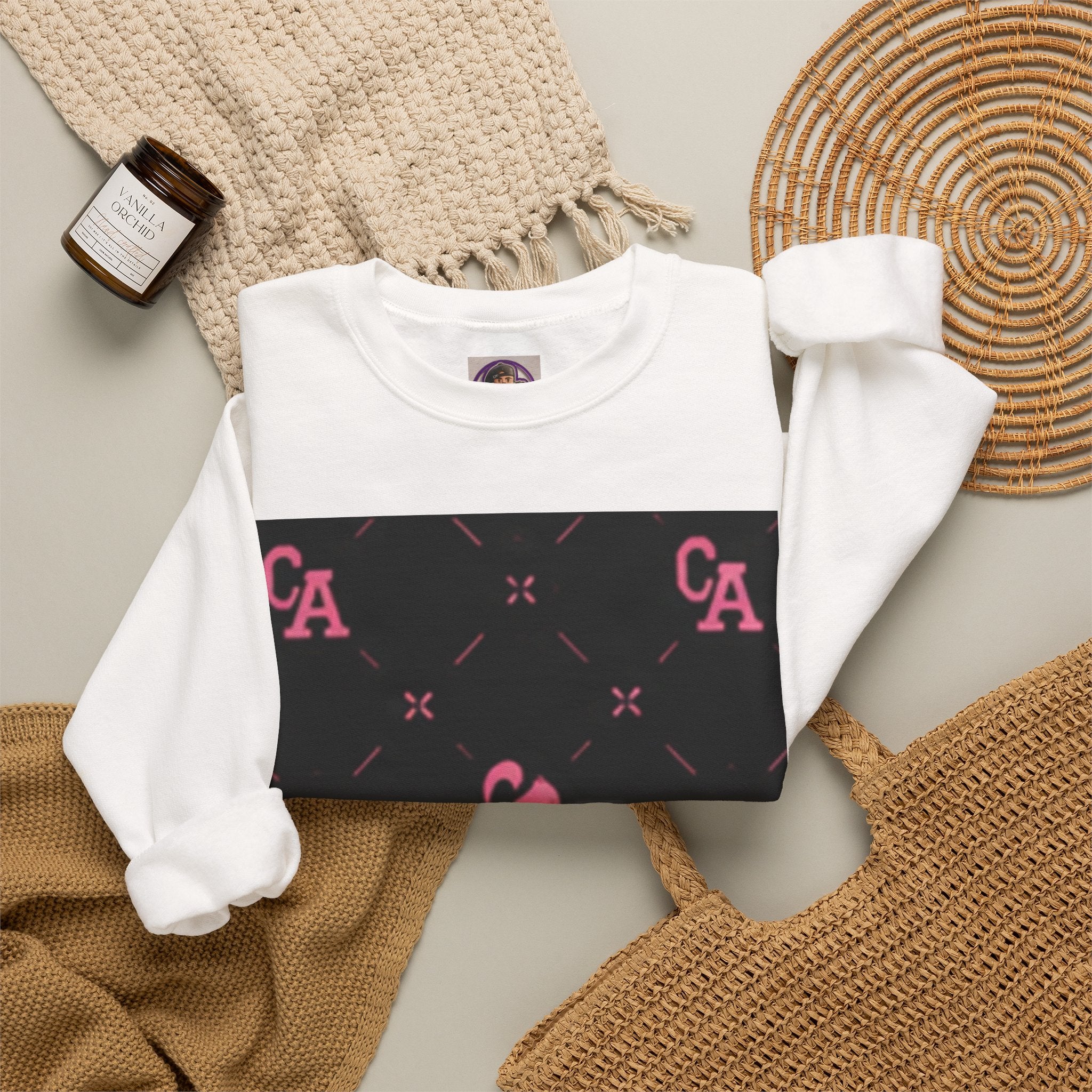 Crewneck Sweatshirt — Pink Monogram Block Print on Black