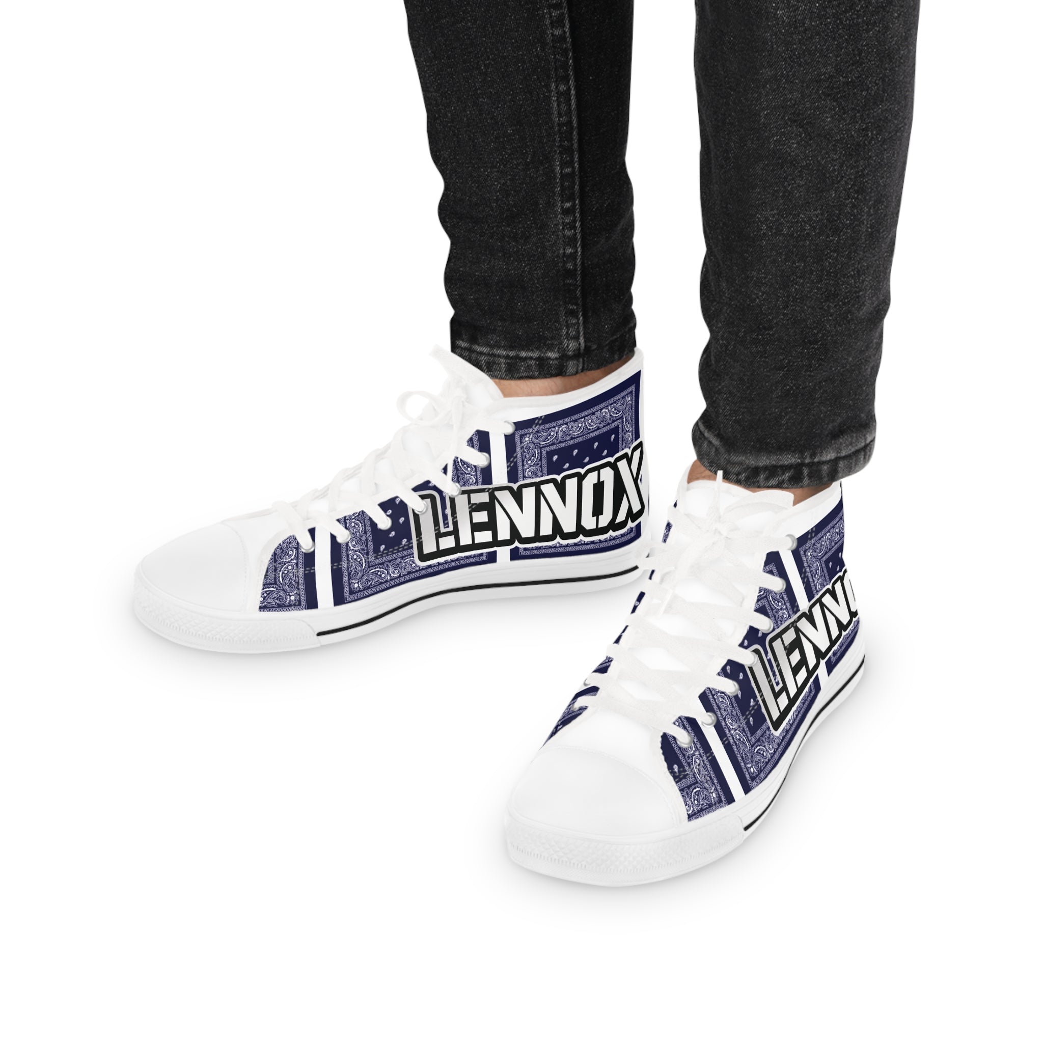 High Top Sneakers — Custom Navy Bandana Design with 'LENNOX' Text