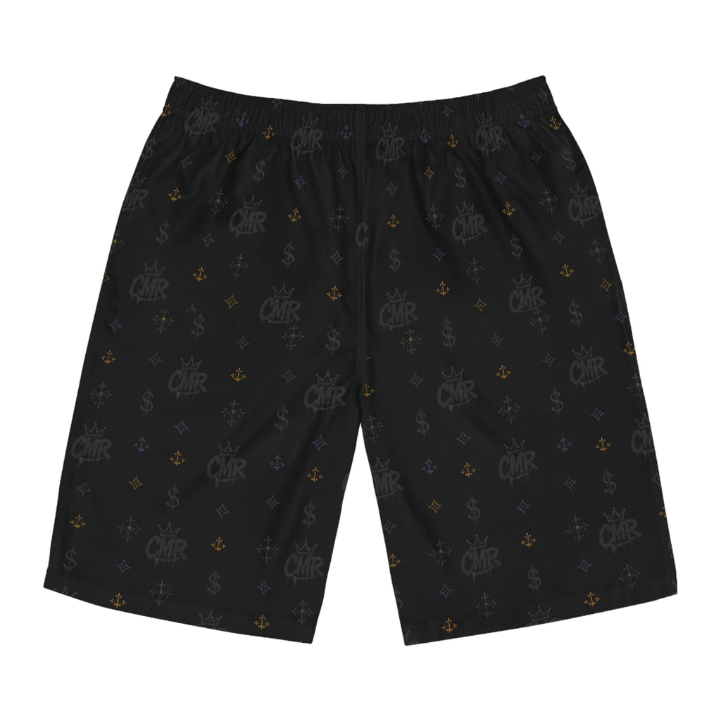 Black Monogram Board Shorts — Subtle Fleur & Crown All-Over Print