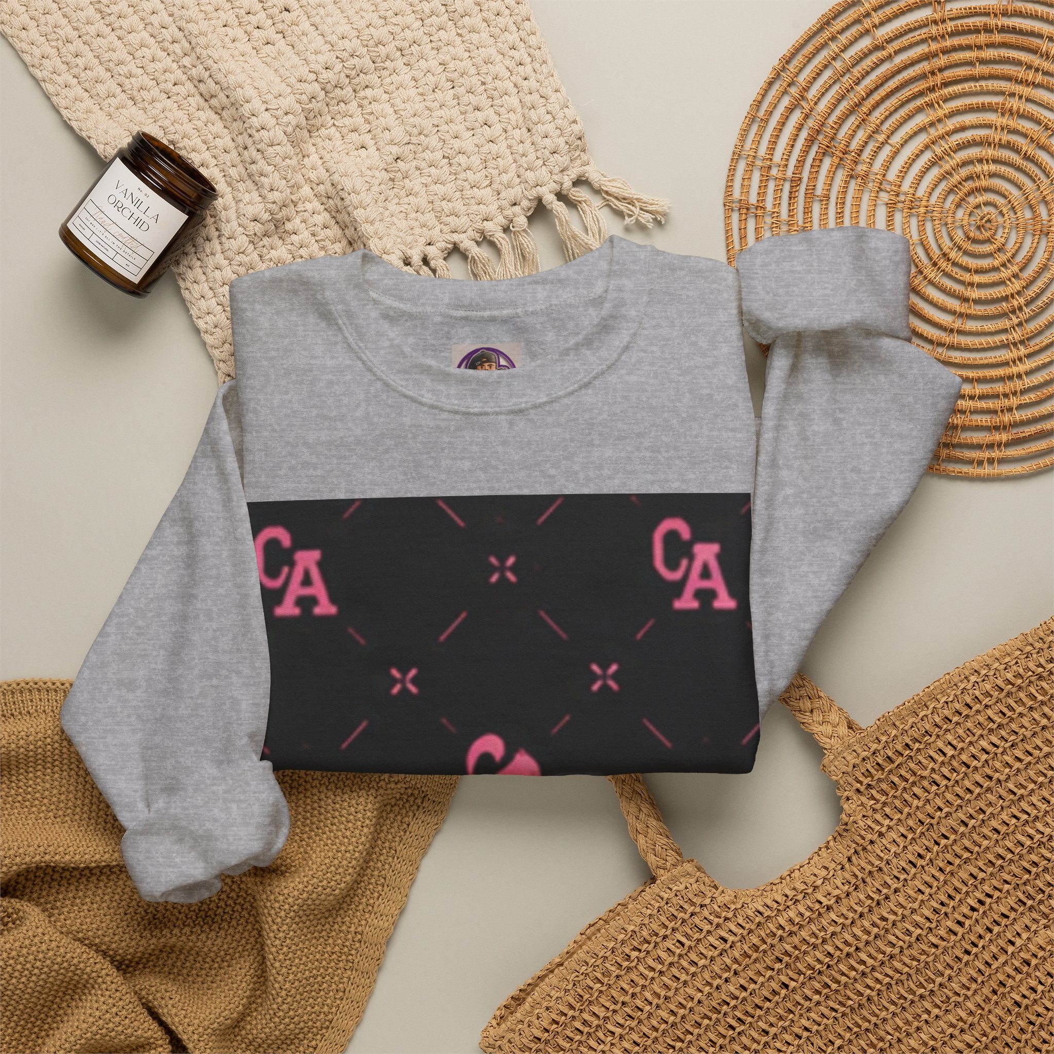 Crewneck Sweatshirt — Pink Monogram Block Print on Black
