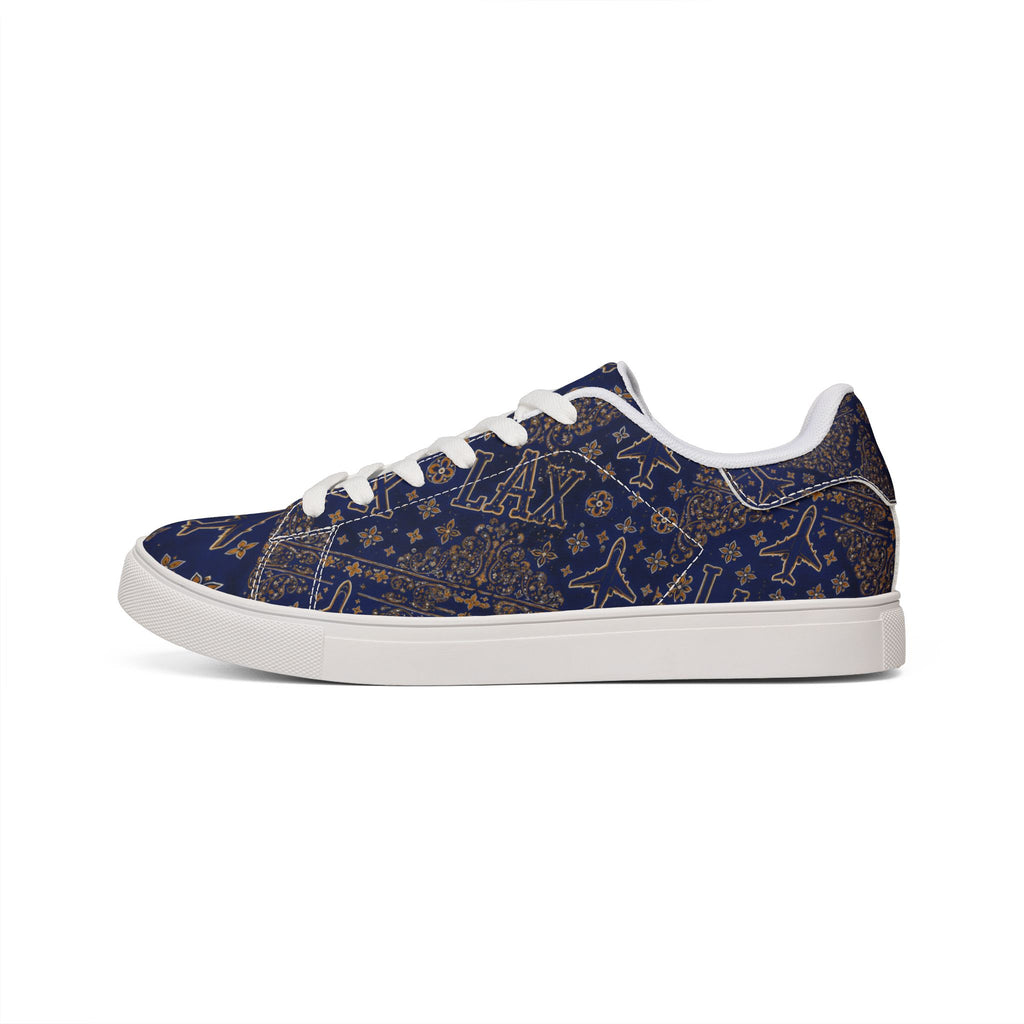 LAX Airplane Pattern Men's Low-Top Sneakers — Navy Travel-Inspired Leather Shoes