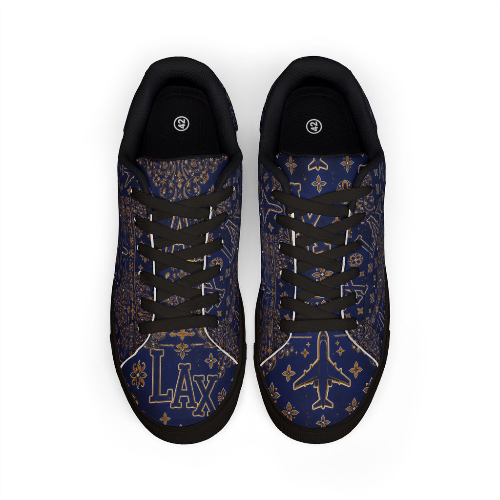 LAX Airplane Pattern Men's Low-Top Sneakers — Navy Travel-Inspired Leather Shoes