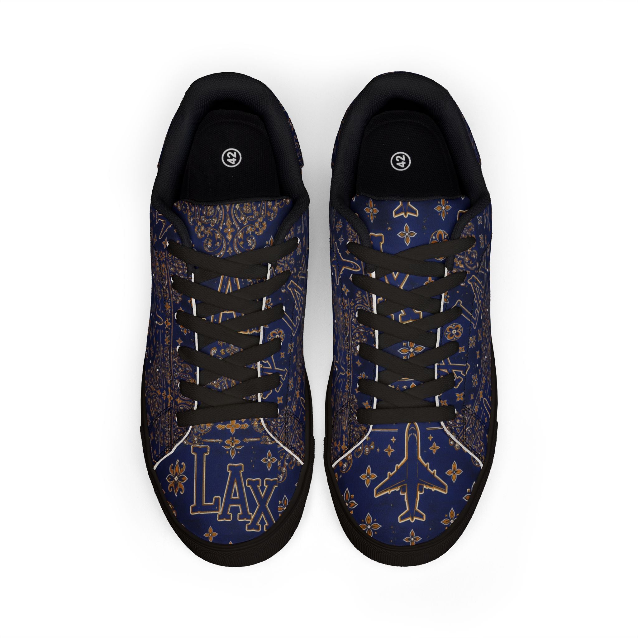 LAX Airplane Pattern Men's Low-Top Sneakers — Navy Travel-Inspired Leather Shoes