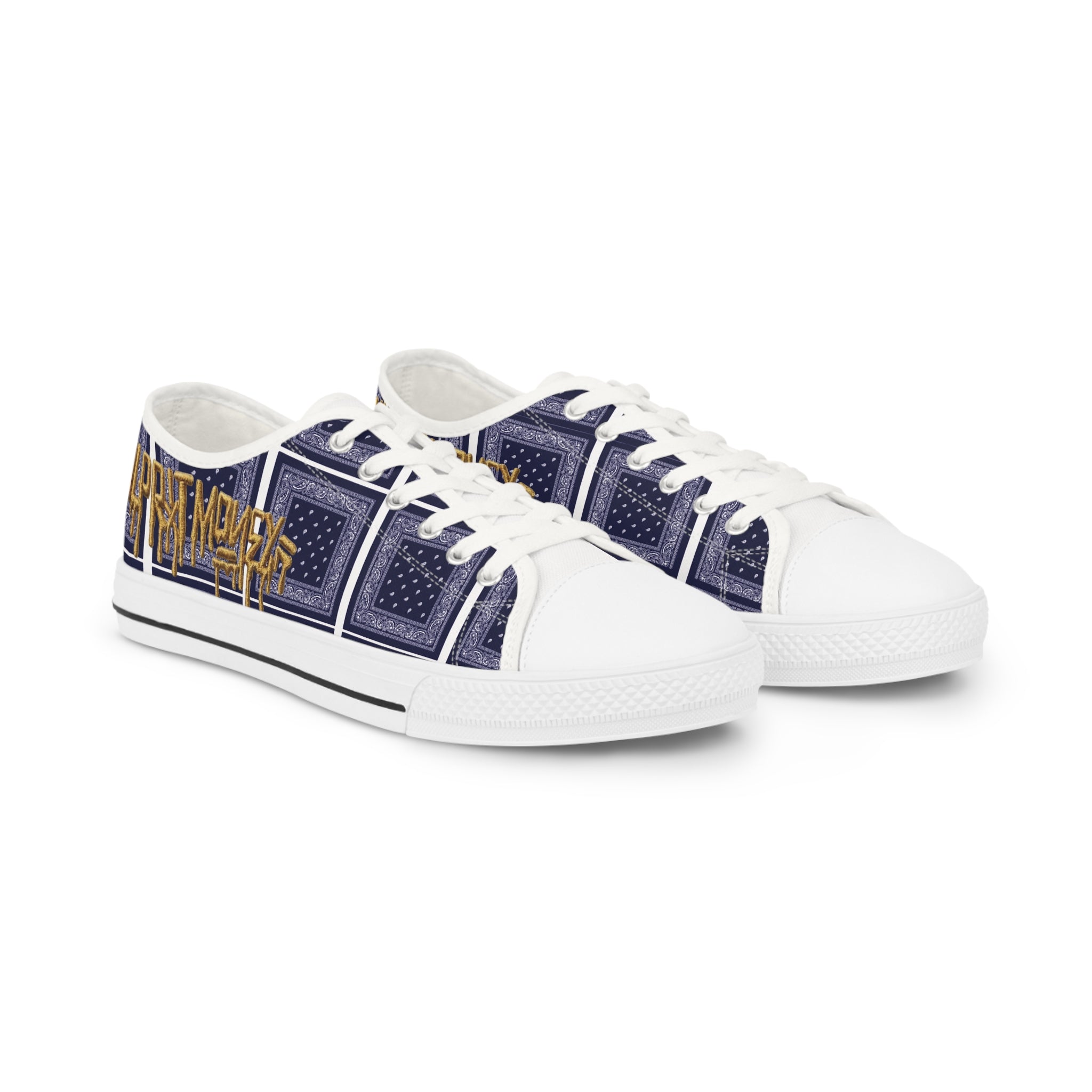 Bandana Patchwork Low-Top Sneakers for Men — Navy & Gold Street Style