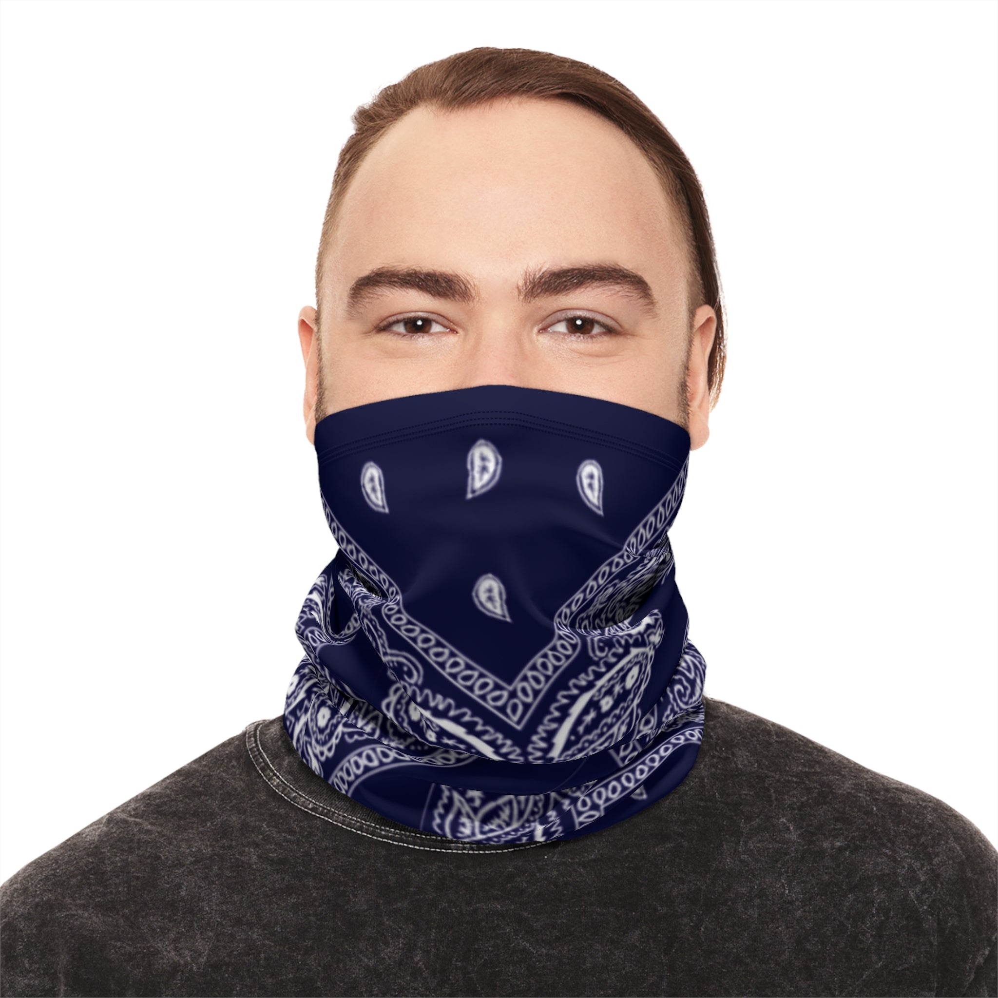 Navy Paisley Winter Neck Gaiter with Drawstring — Cozy Face & Neck Warmer