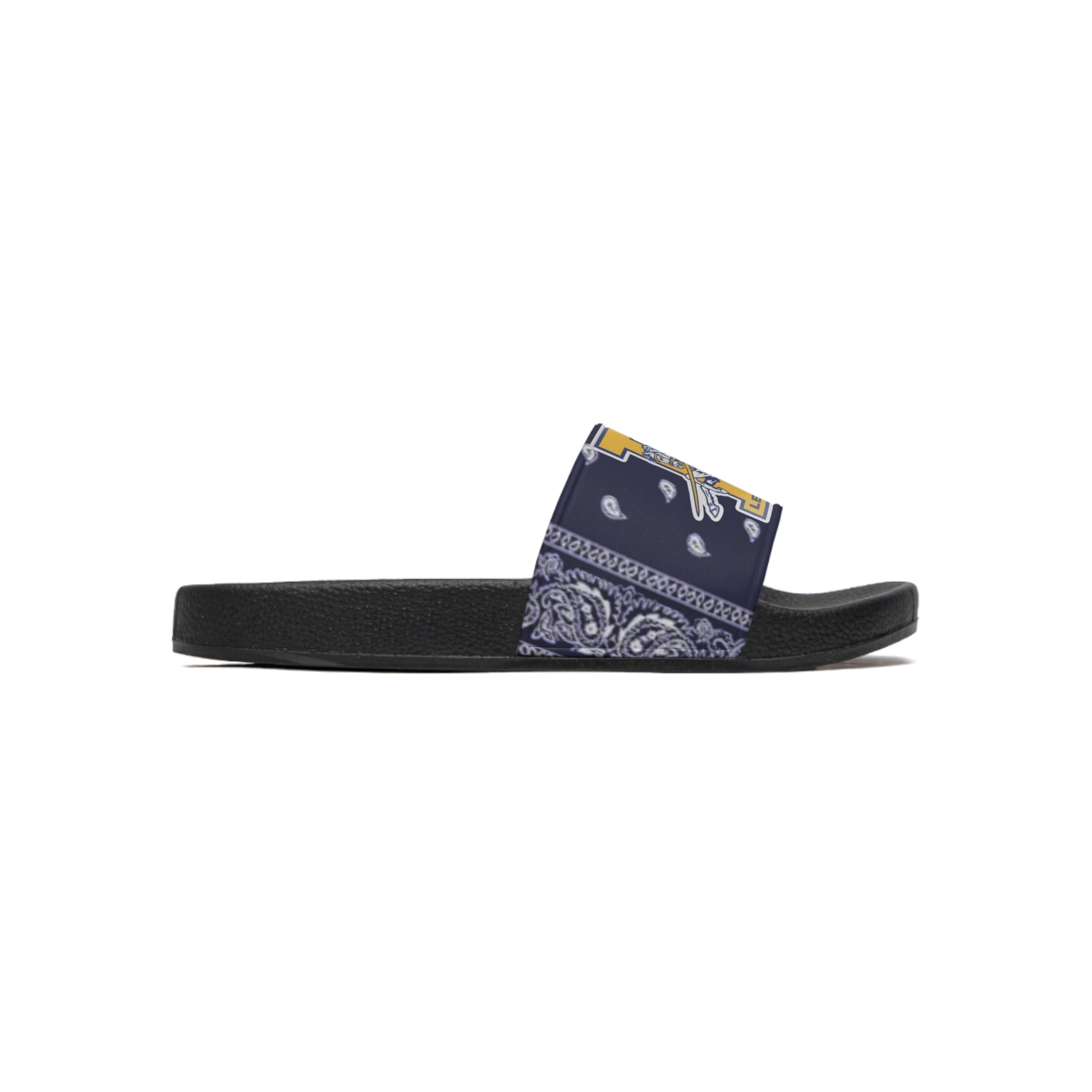 Pirate Bandana Slide Sandals – Navy & Gold "T" Crest
