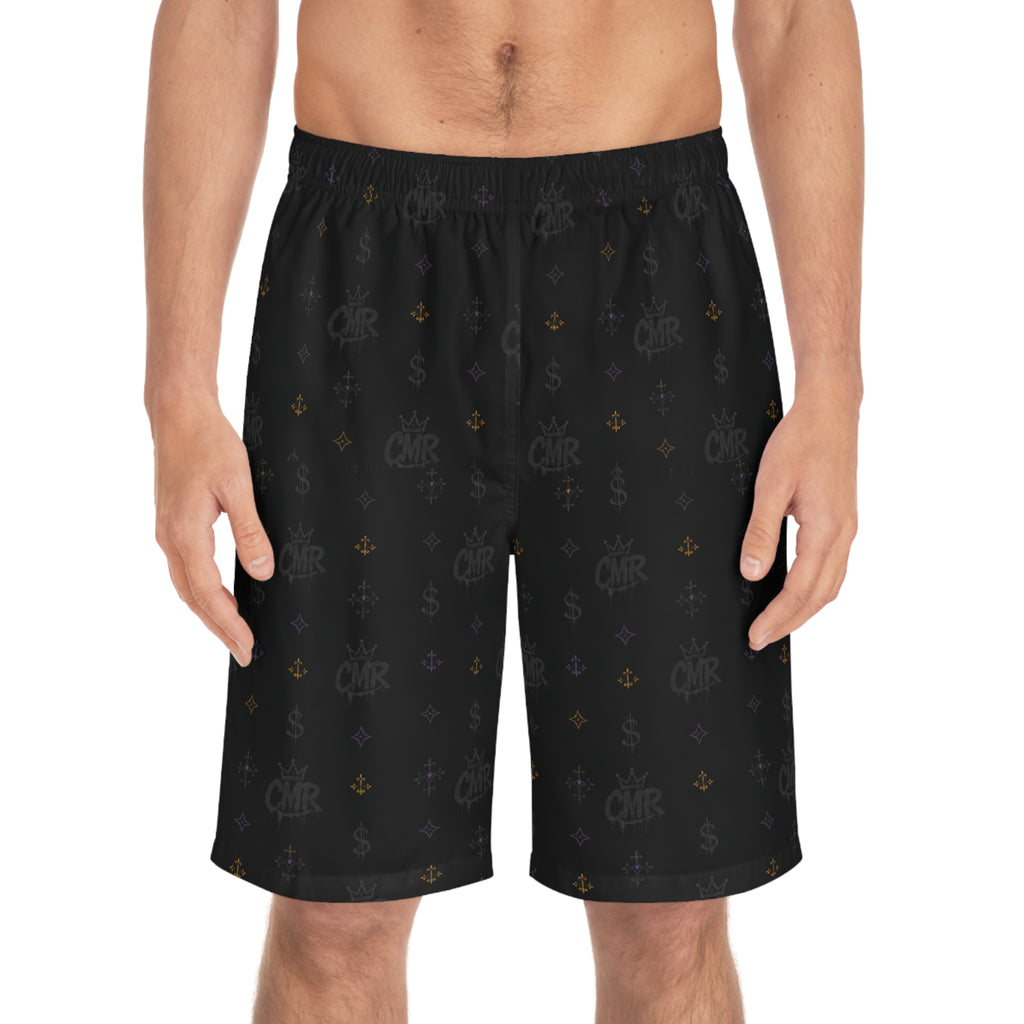 Black Monogram Board Shorts — Subtle Fleur & Crown All-Over Print