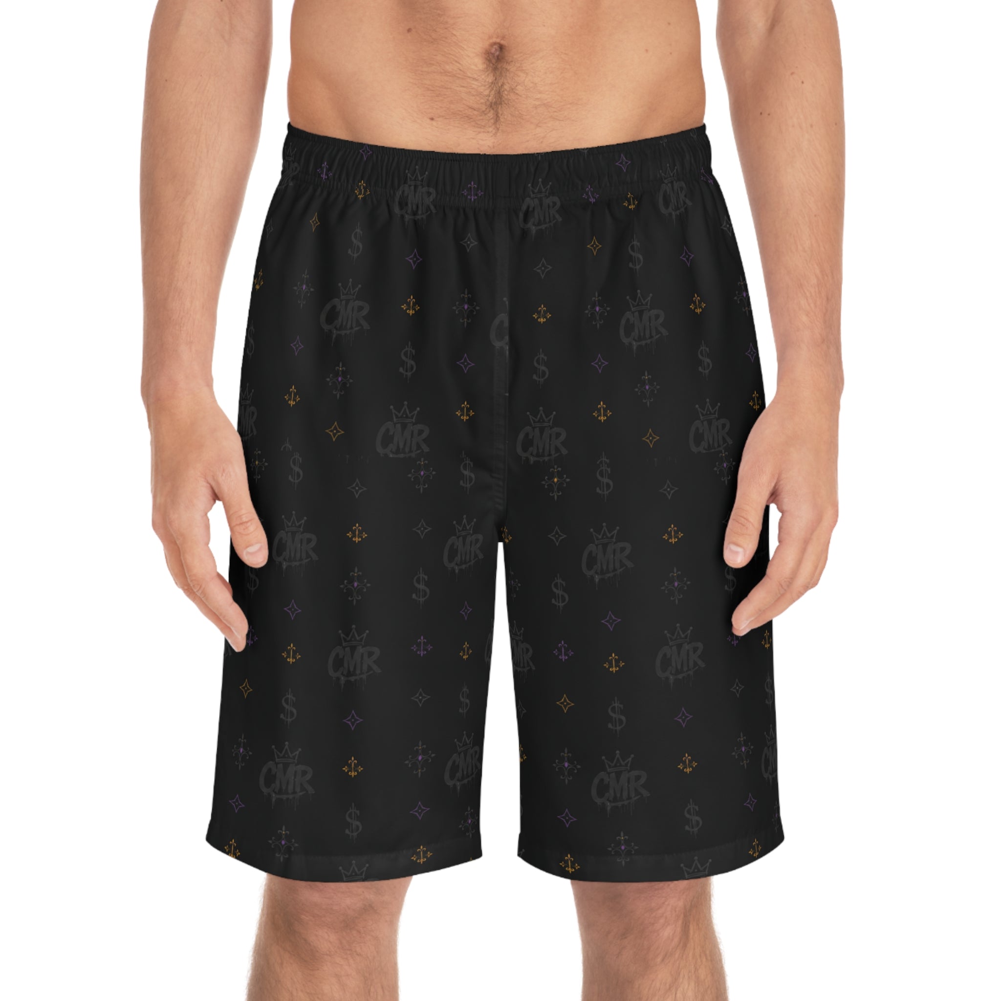 Black Monogram Board Shorts — Subtle Fleur & Crown All-Over Print