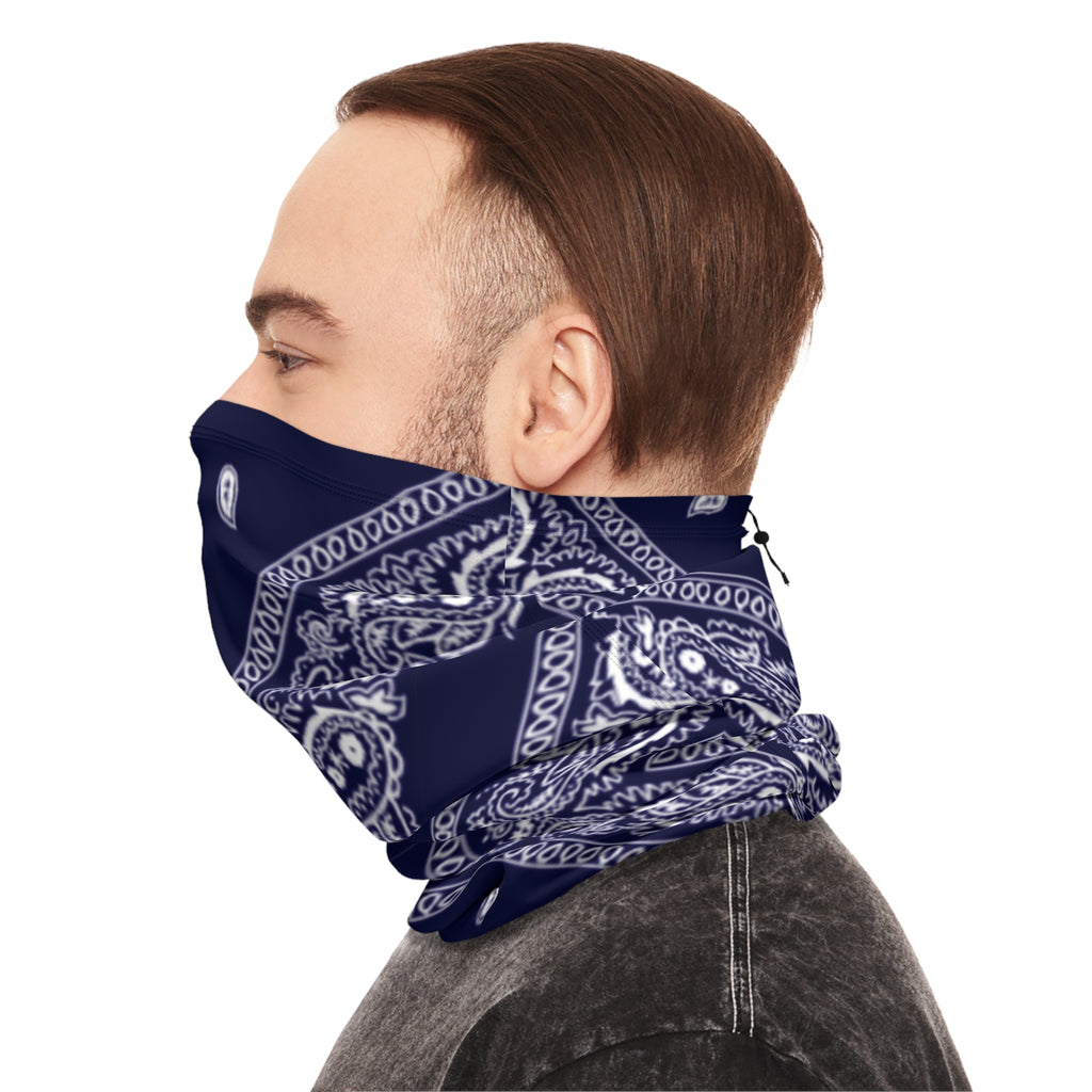 Navy Paisley Winter Neck Gaiter with Drawstring — Cozy Face & Neck Warmer