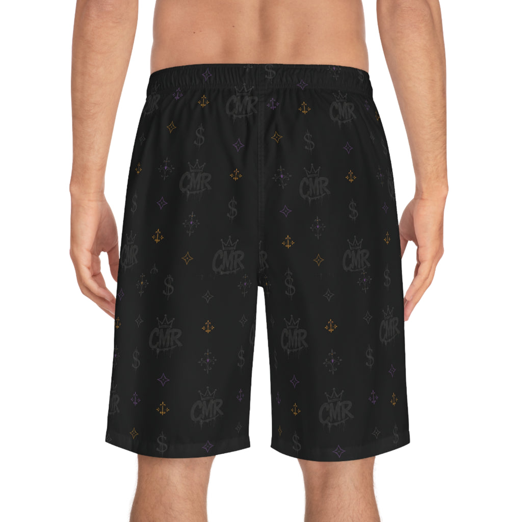 Black Monogram Board Shorts — Subtle Fleur & Crown All-Over Print