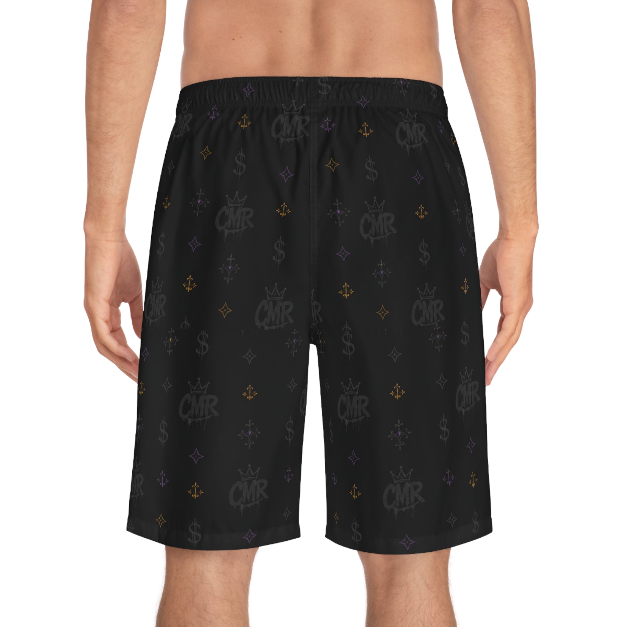 Black Monogram Board Shorts — Subtle Fleur & Crown All-Over Print