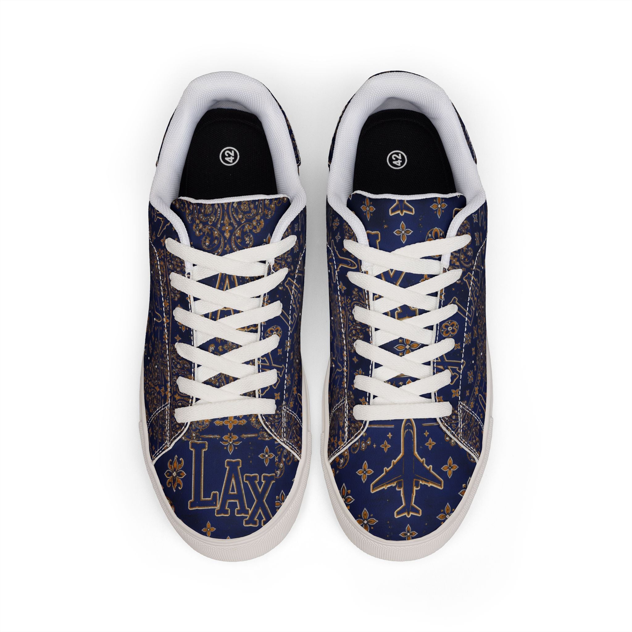 LAX Airplane Pattern Men's Low-Top Sneakers — Navy Travel-Inspired Leather Shoes
