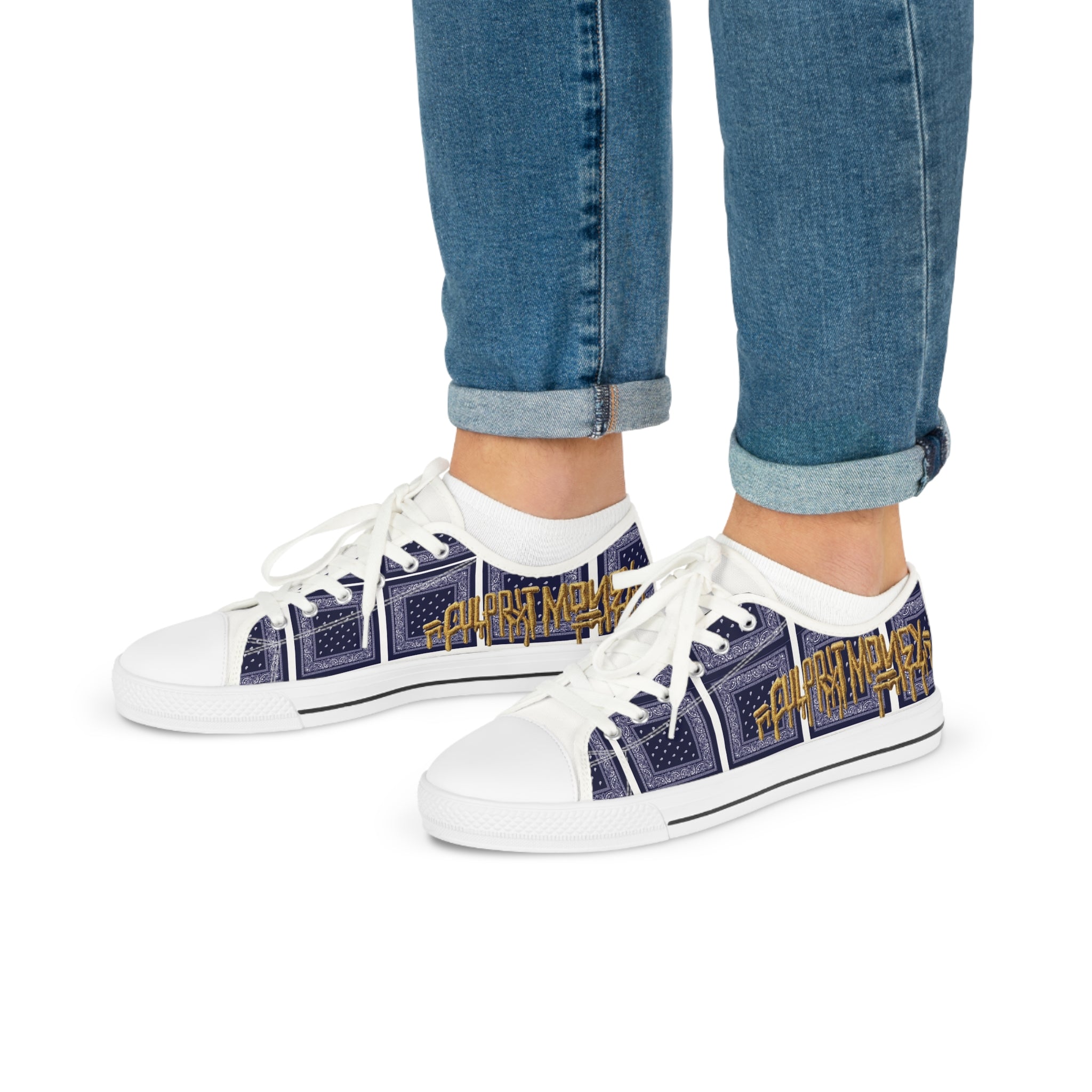 Bandana Patchwork Low-Top Sneakers for Men — Navy & Gold Street Style