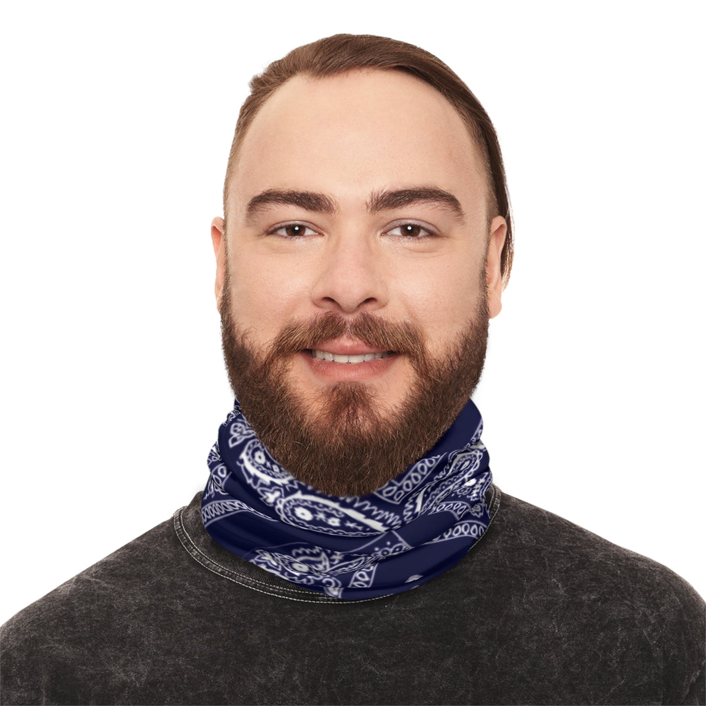 Navy Paisley Winter Neck Gaiter with Drawstring — Cozy Face & Neck Warmer