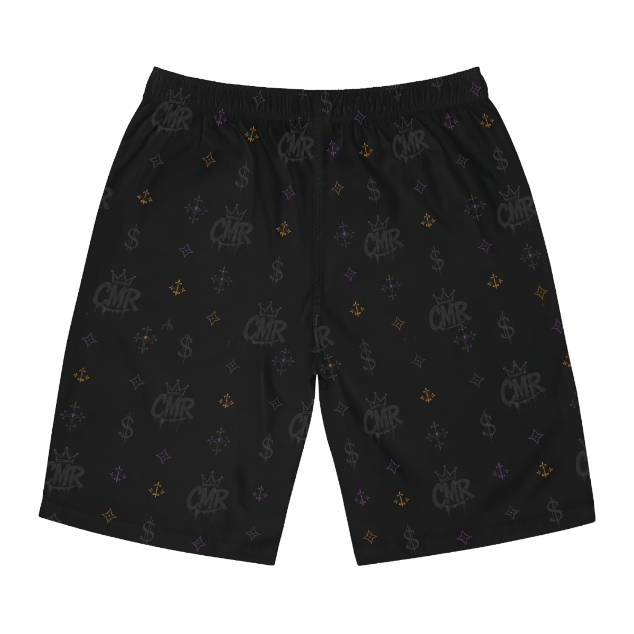 Black Monogram Board Shorts — Subtle Fleur & Crown All-Over Print