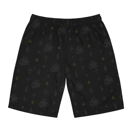 Black Monogram Board Shorts — Subtle Fleur & Crown All-Over Print