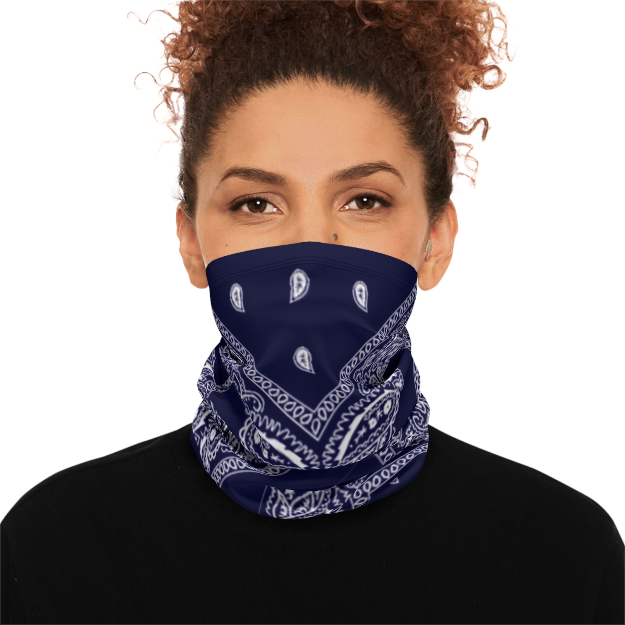 Navy Paisley Winter Neck Gaiter with Drawstring — Cozy Face & Neck Warmer