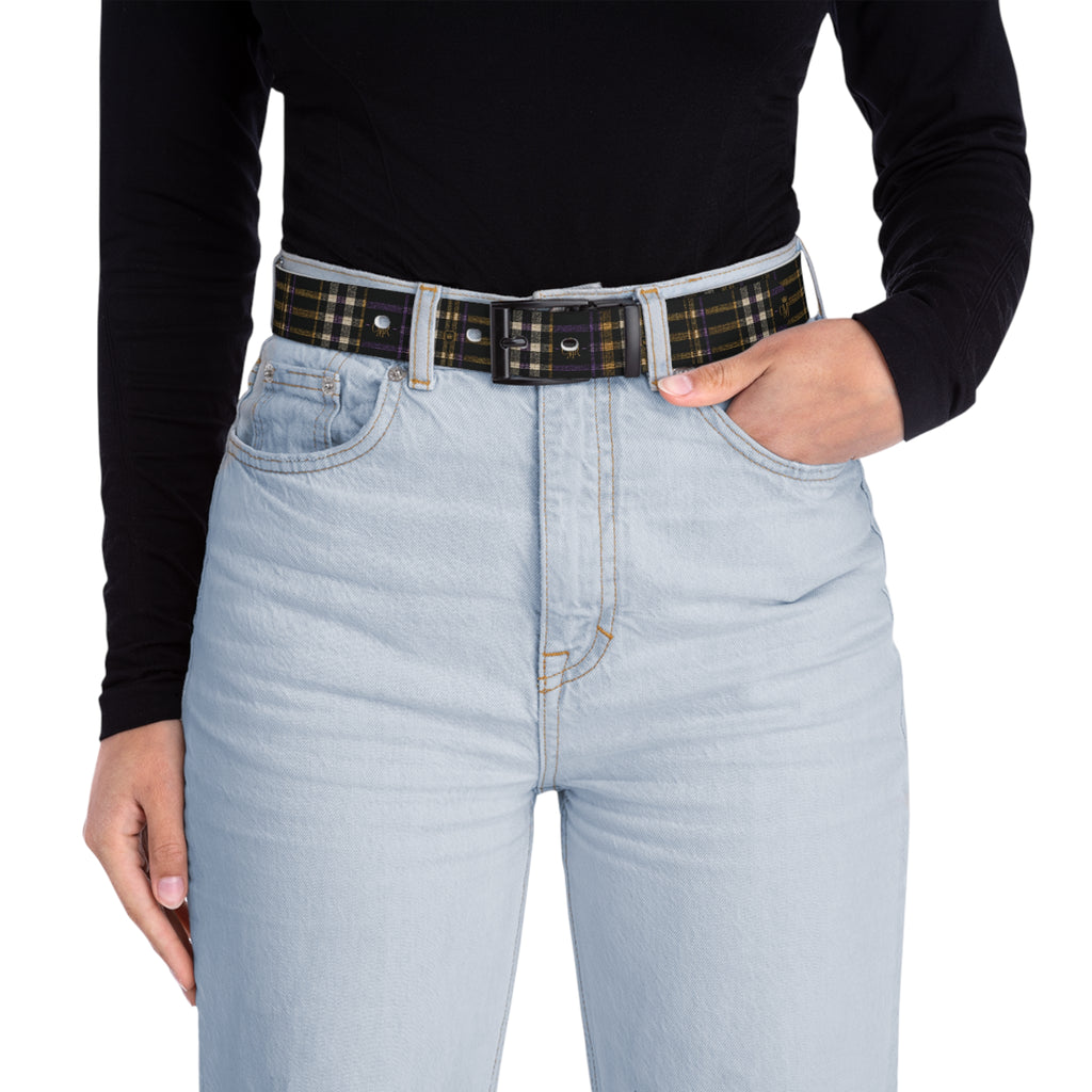 Designer Logo Print Belt — Black Gold Patterned Waist Accessory
