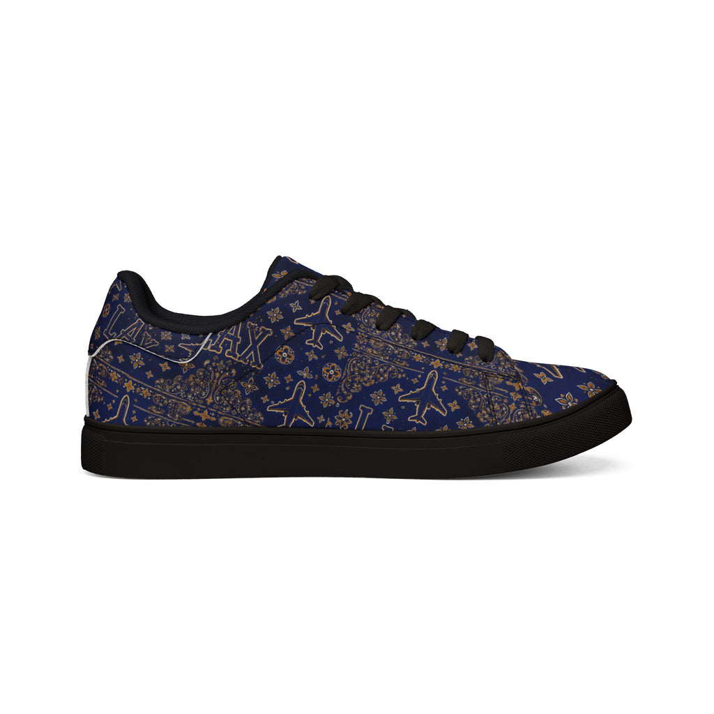 LAX Airplane Pattern Men's Low-Top Sneakers — Navy Travel-Inspired Leather Shoes