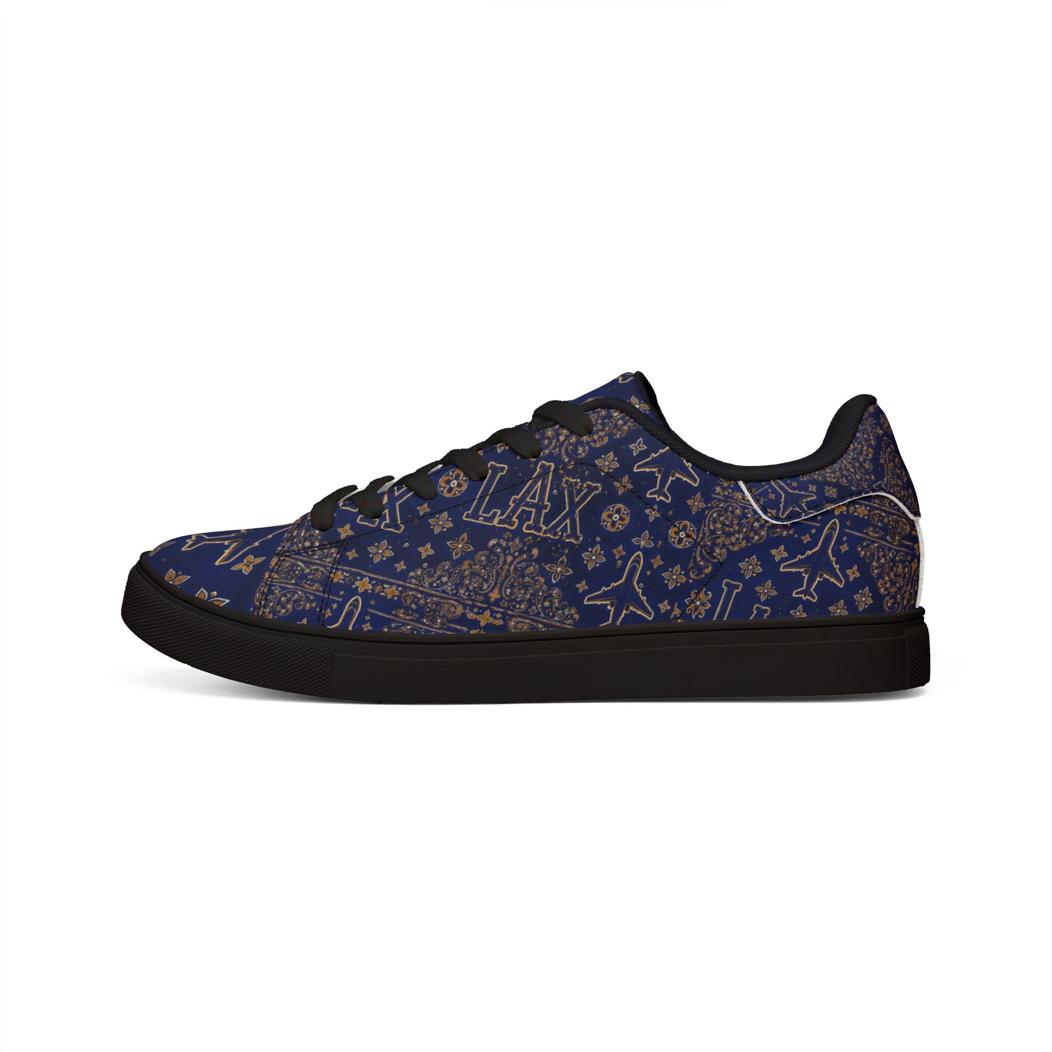 LAX Airplane Pattern Men's Low-Top Sneakers — Navy Travel-Inspired Leather Shoes