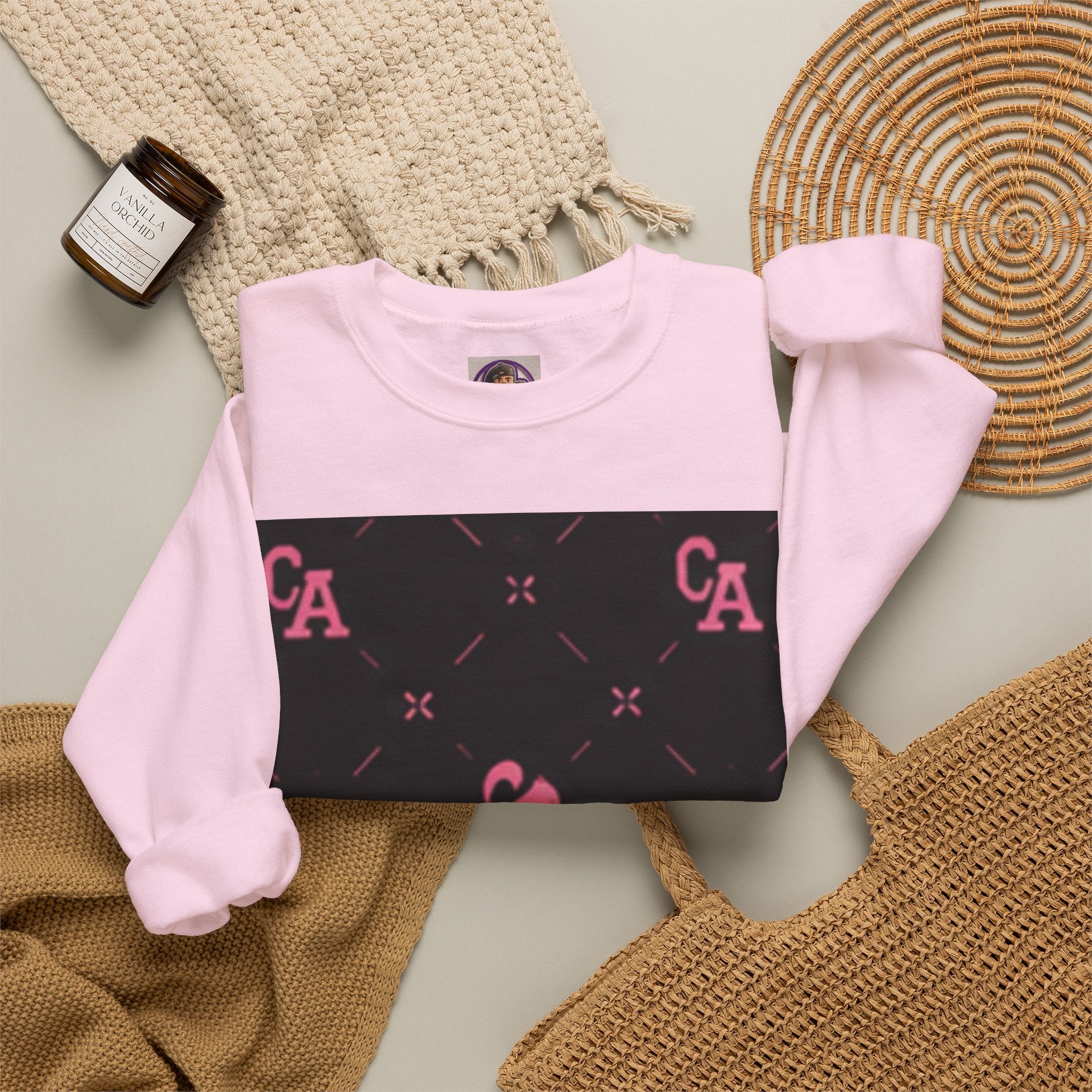 Crewneck Sweatshirt — Pink Monogram Block Print on Black