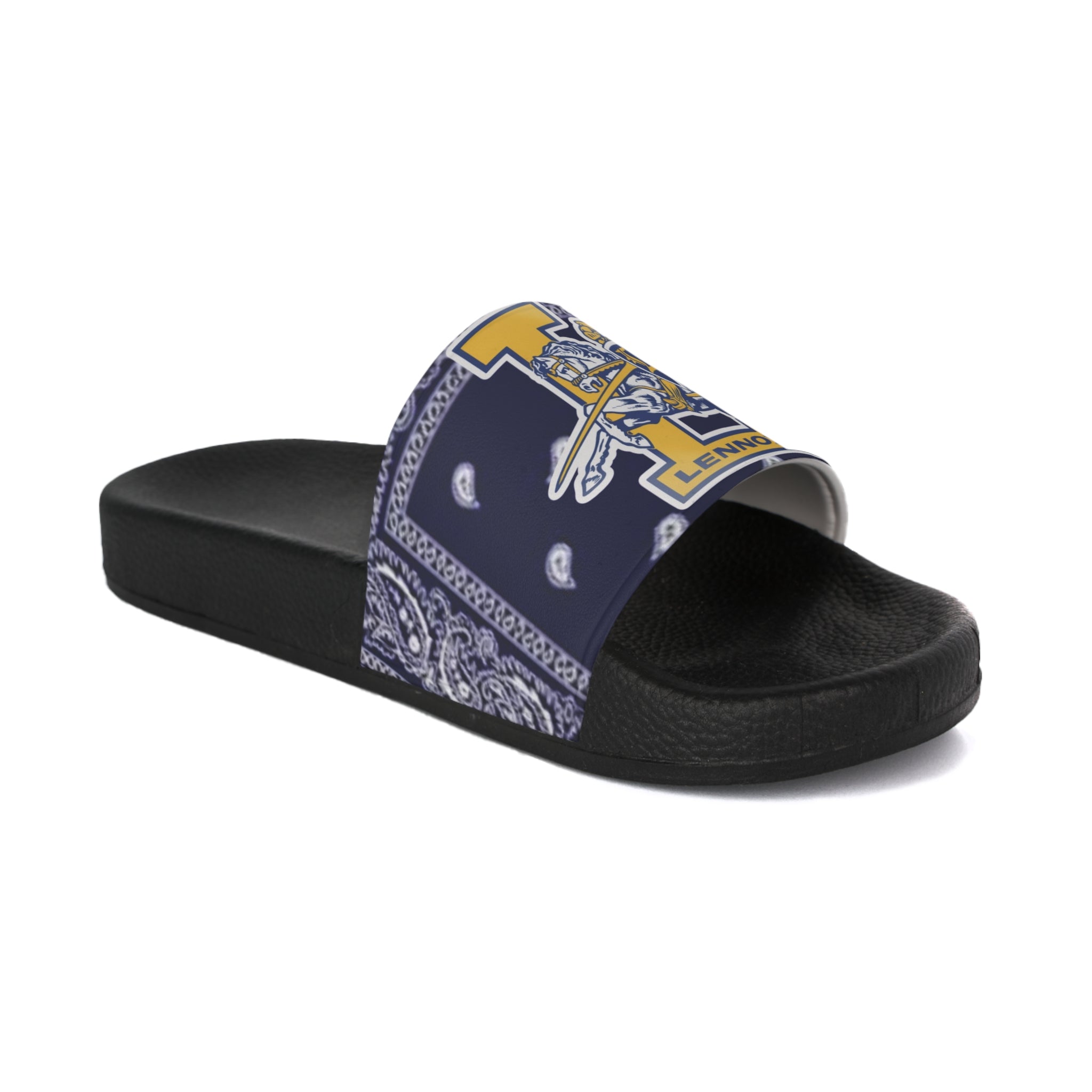 Pirate Bandana Slide Sandals – Navy & Gold "T" Crest