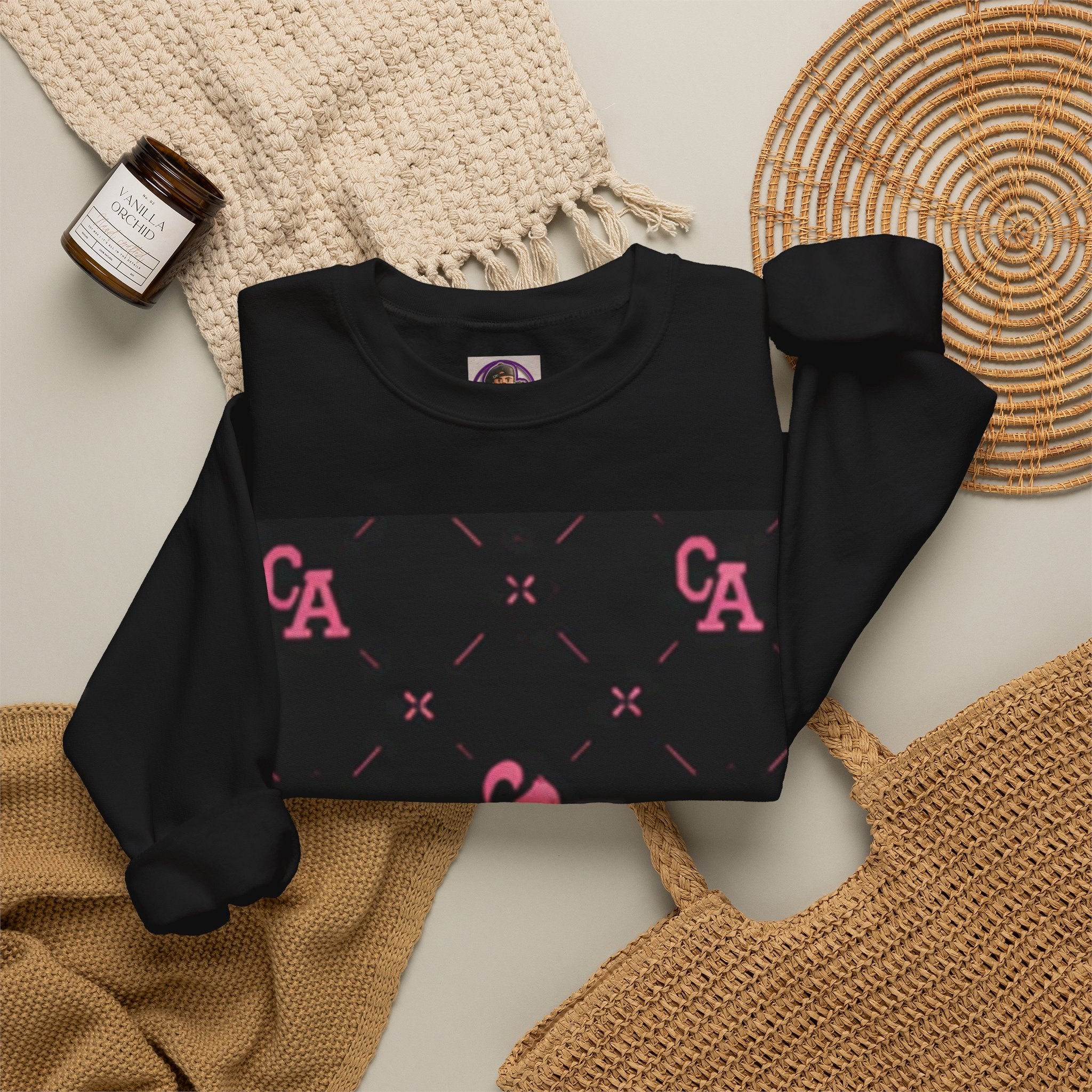 Crewneck Sweatshirt — Pink Monogram Block Print on Black