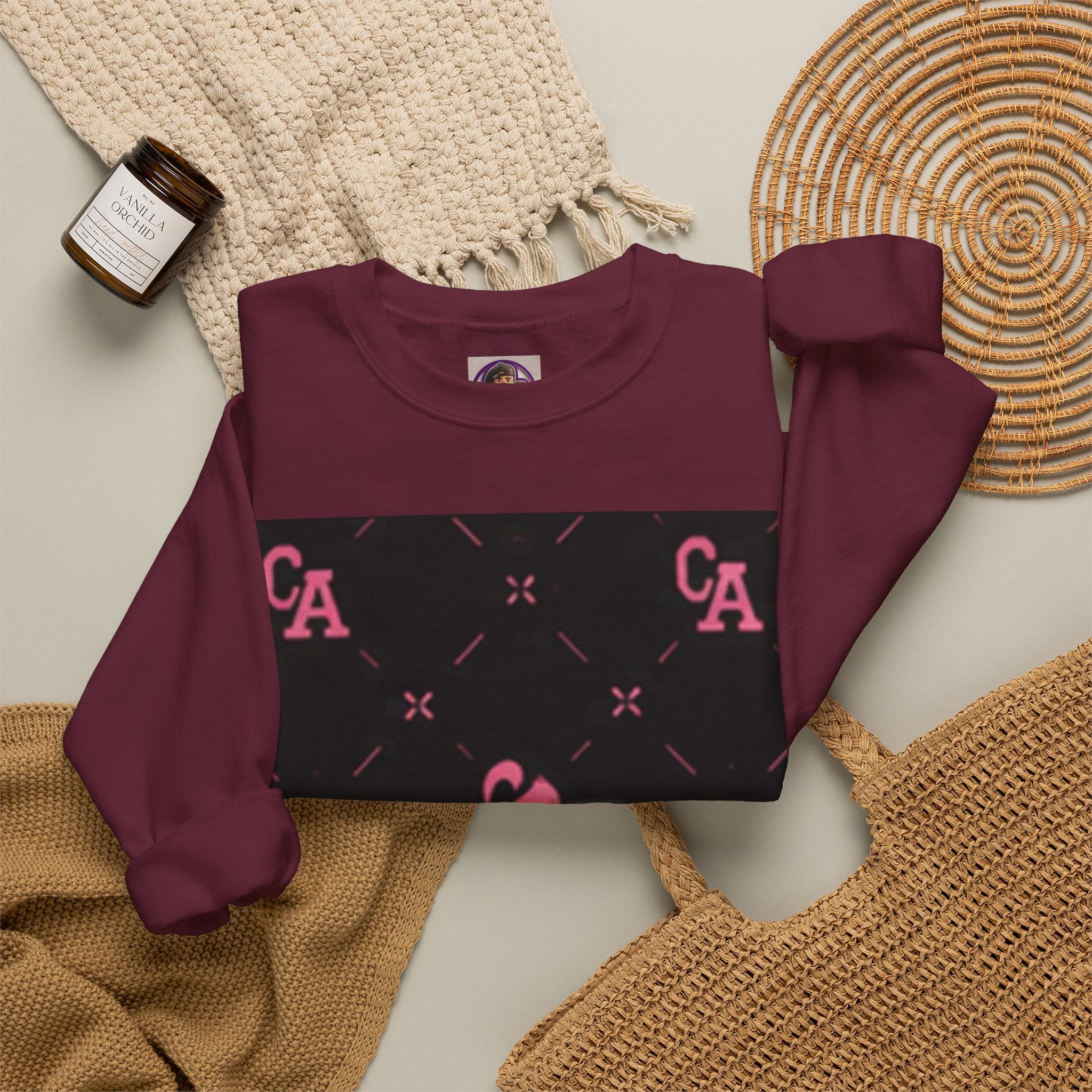 Crewneck Sweatshirt — Pink Monogram Block Print on Black