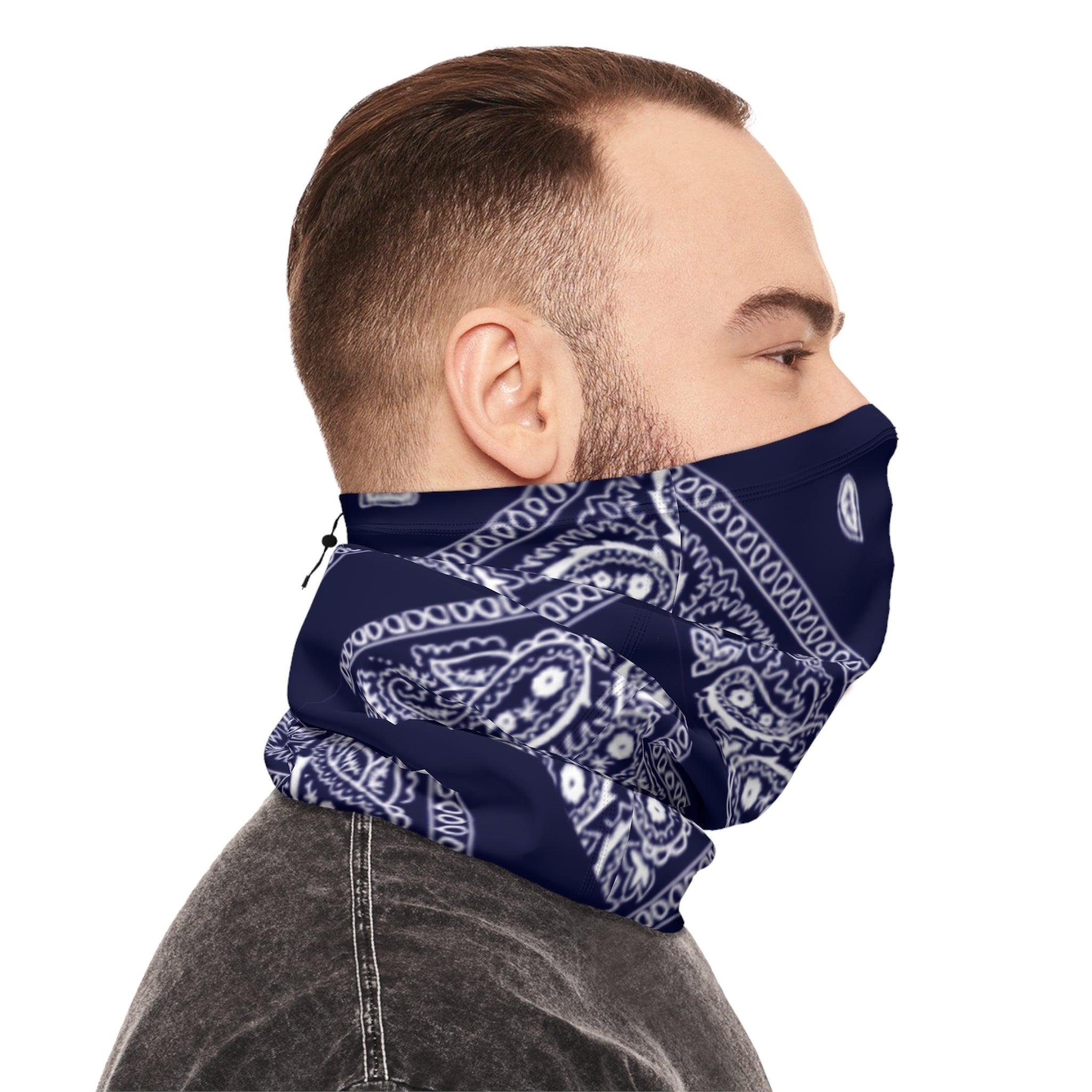 Navy Paisley Winter Neck Gaiter with Drawstring — Cozy Face & Neck Warmer
