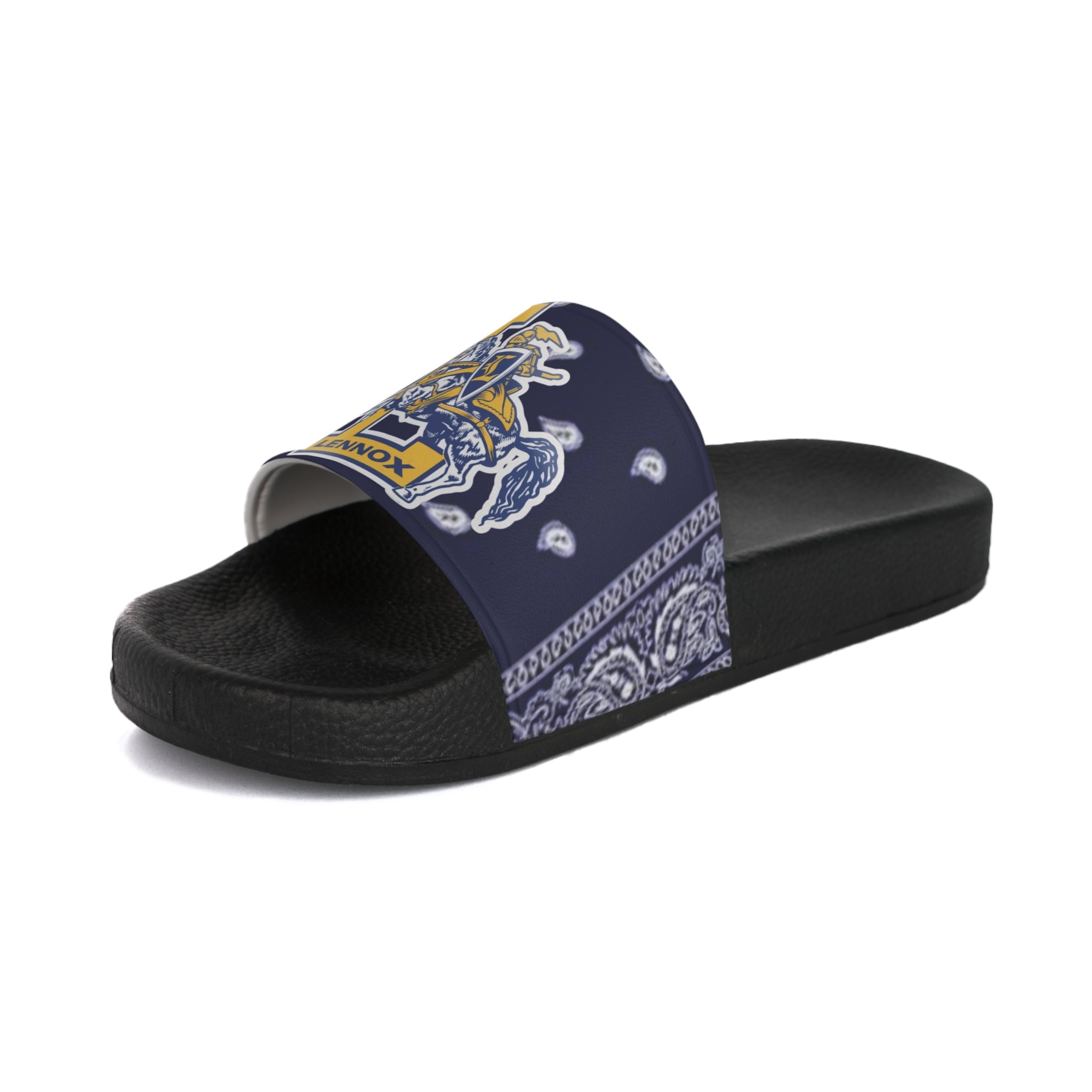 Pirate Bandana Slide Sandals – Navy & Gold "T" Crest