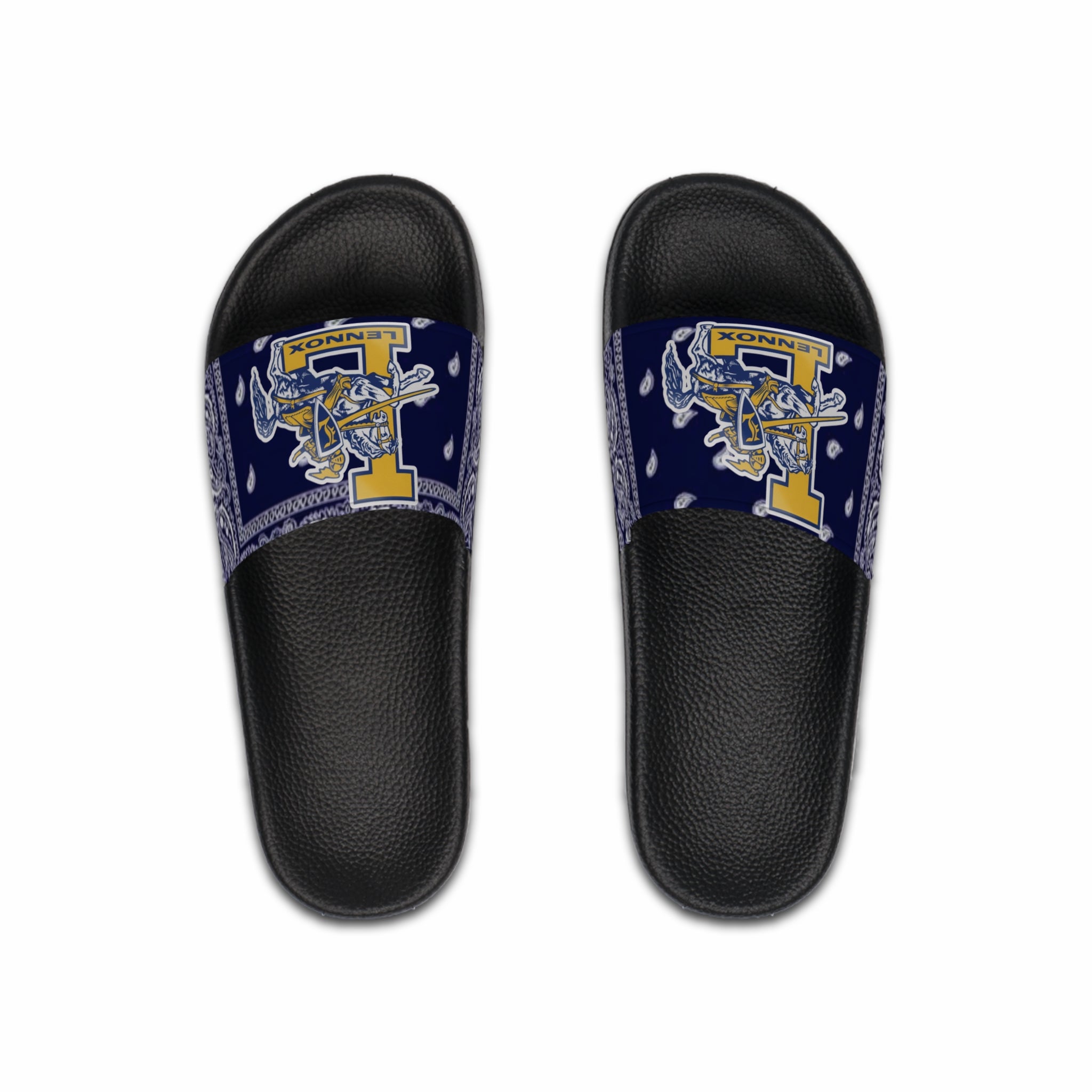 Pirate Bandana Slide Sandals – Navy & Gold "T" Crest