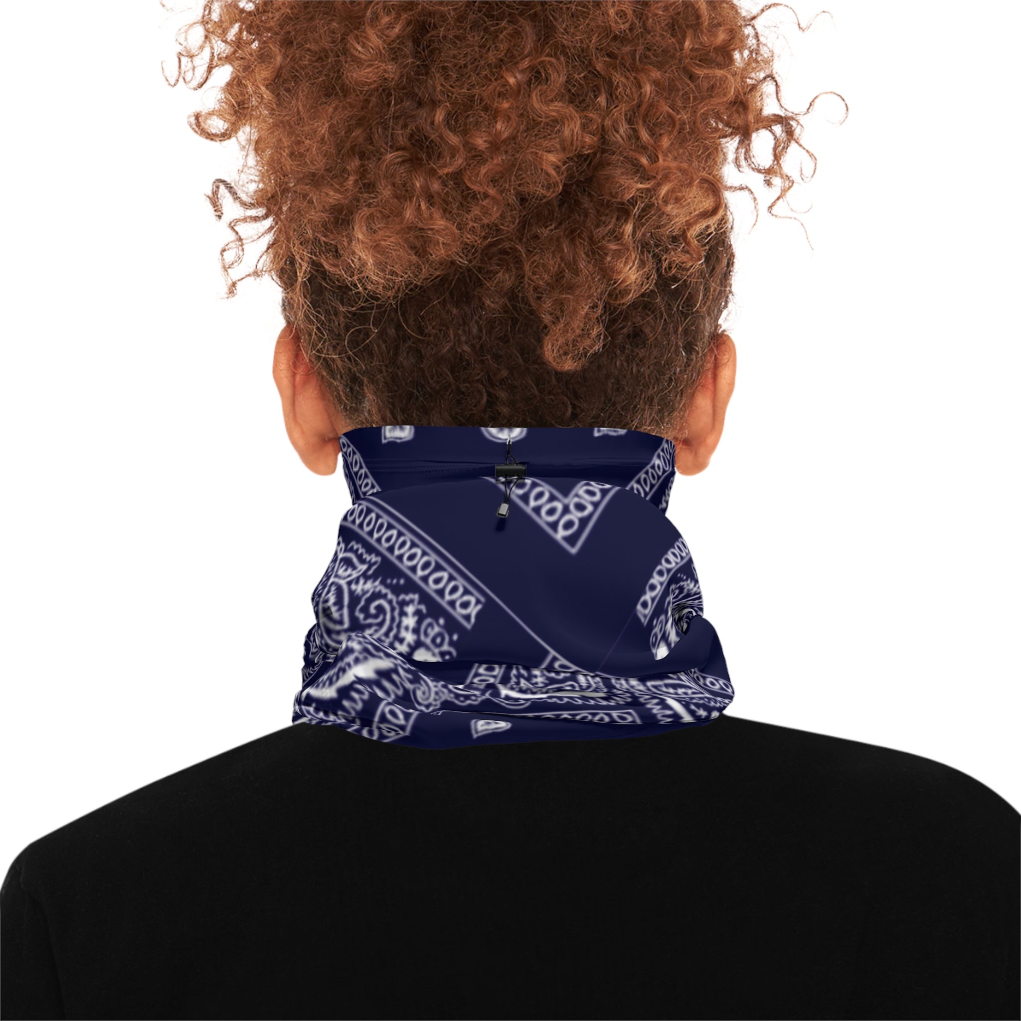 Navy Paisley Winter Neck Gaiter with Drawstring — Cozy Face & Neck Warmer