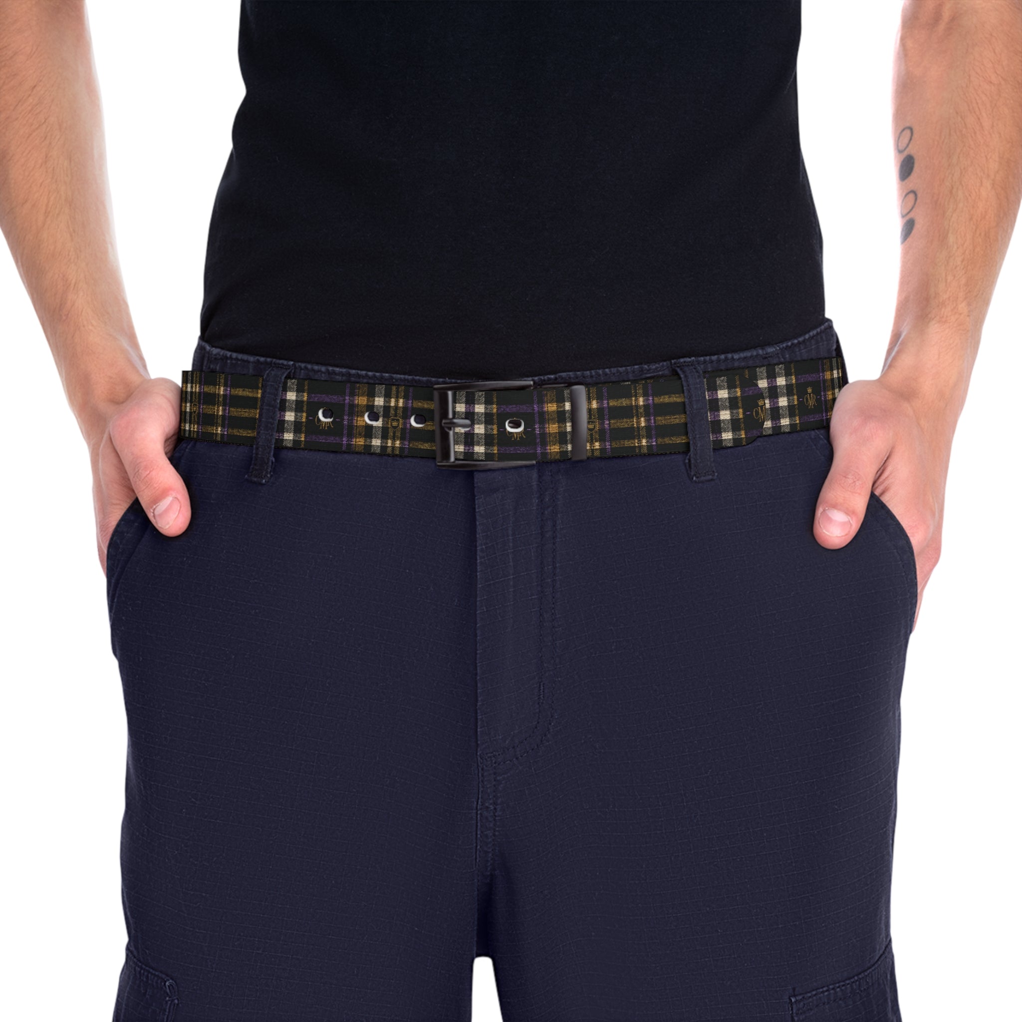 Designer Logo Print Belt — Black Gold Patterned Waist Accessory